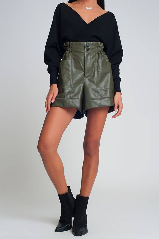 Paper-bag waist faux leather shorts in green