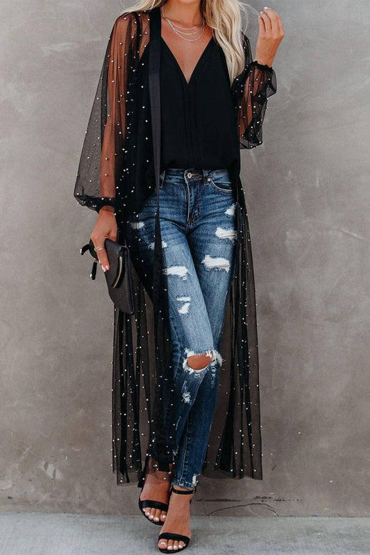 Black Sheer Embellished Tulle Duster Kimono