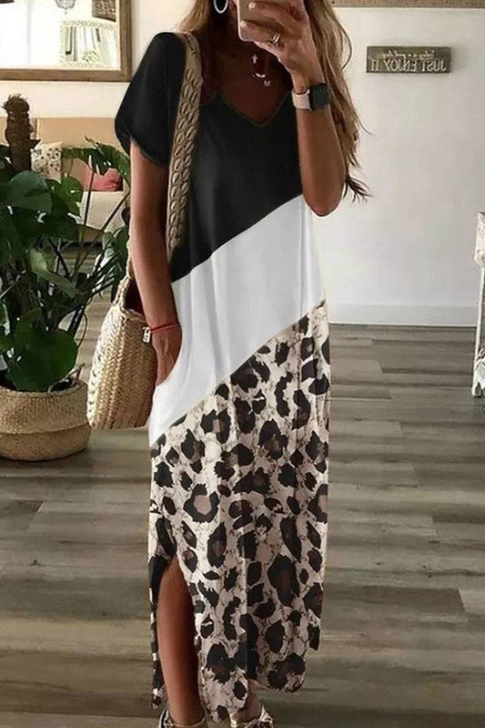 Black Leopard Color Block Side Slit T Shirt Maxi Dress